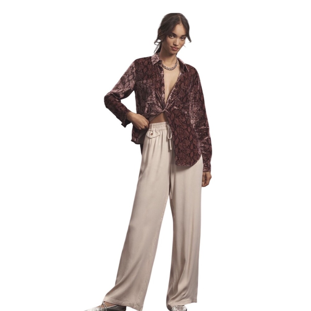 Anthropologie Maeve Straight Leg Silky Viscose‎ Wide Leg Pants Neutral Beige L